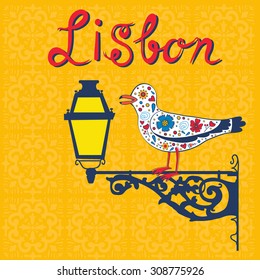 Concept card with tipical portuguese lantern and seagull. Vector illustration
