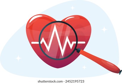 concept of cardiac health check, cardiogram of the heart with magnifying glass. Stock vector illustration