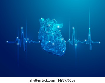 concepto de cardiología o tecnología sanitaria, corazón de polígono azul con pulso de latido cardíaco