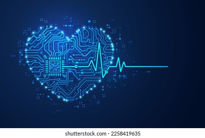 concept of cardiology or heart health, graphic of heart and pulse wave shape combined with electronic board pattern 