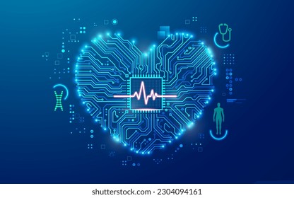 concept of cardiology or heart health, graphic of heart and pulse wave shape combined with electronic board pattern 