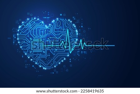 concept of cardiology or heart health, graphic of heart and pulse wave shape combined with electronic board pattern 