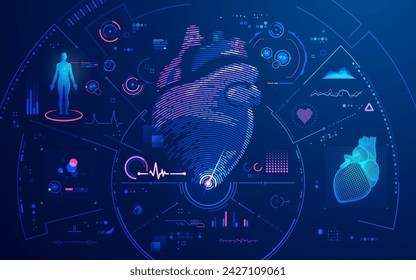 concept of cardiology or heart scan, graphic of heart shape with futuristic interface