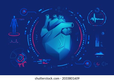 Concept Of Cardiology Or Medical Technology, Graphic Of Low Poly Heart With Futuristic Interface