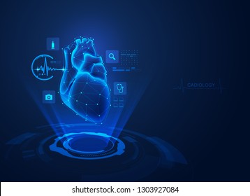 concept of cardiology technology, realistic heart with medical health care hologram