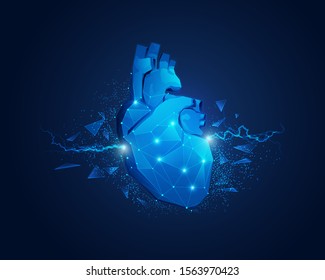 concept of cardiology, vector of low poly heart with spark element