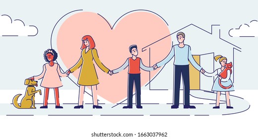 Concept Of Care And Adoption. Kind People Take Care Of Homeless Animals. Family Adopt Pets From Animal Shelter. Human Solidarity and Responsibility. Cartoon Outline Linear Flat Vector Illustration