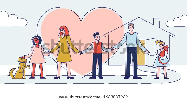 Concept Of Care And Adoption. Kind People\
Take Care Of Homeless Animals. Family Adopt Pets From Animal\
Shelter. Human Solidarity and Responsibility. Cartoon Outline\
Linear Flat Vector\
Illustration