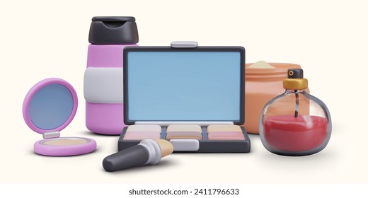 Concept of care and decorative cosmetics. Makeup products, perfumes, cream, lotion. Color horizontal realistic composition with place for brand, trademark, logo, advertising text