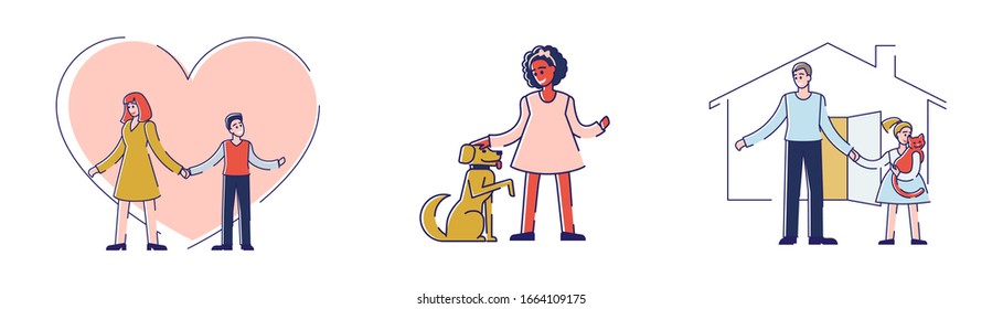 Concept Of Care, Friendship, And Adoption. Kind Solidary People Adopt And Taking Care Of Pets And Children. Human Solidarity and Responsibility. Set Of Cartoon Outline Linear Flat Vector Illustration