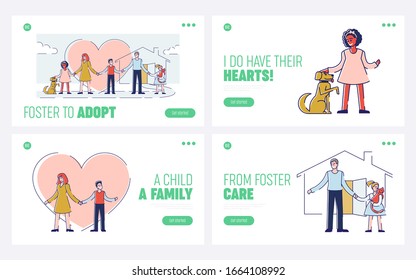 Concept Of Care, Friendship, And Adoption. Website Landing Page. Kind Solidary People Adopt And Taking Care Of Pets And Children. Cartoon Outline Linear Flat Vector Illustration