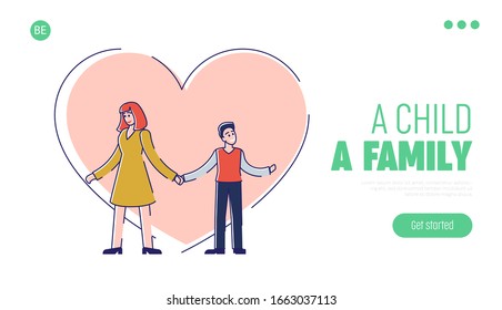 Concept Of Care, Love And Adoption. Mother And Son On The Big Heart Background. Website Landing Page. Woman Has Adopted Child From Orphanage. Cartoon Outline Linear Flat Vector Illustration