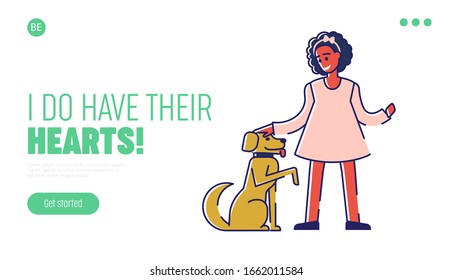 Concept Of Care, Responsibility And Adoption. Kind People Are Taking Care Of Homeless Animals. Website Landing Page. Young Woman Has Adopted The Dog. Cartoon Outline Linear Flat Vector Illustration