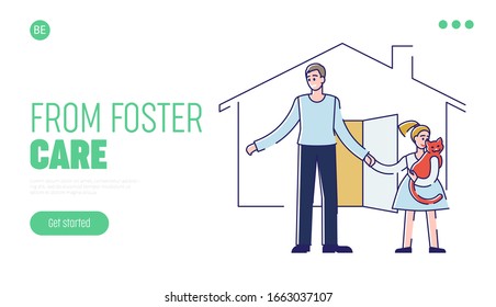 Concepto De Atención, Responsabilidad Y Adopción. Página de inicio del sitio web. Padre Con Hija Adopta A Kitty De Un Refugio Animal Y Cuídalo. Ilustración de vectores planos lineales de esquema de caricatura