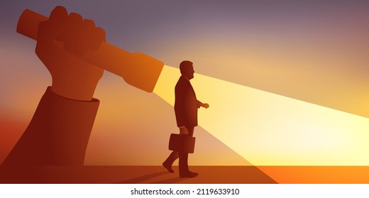 Concept of career development in business with the symbol of a hand showing the way to a businessman by lighting it with a flashlight.