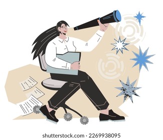 Concept of career growth and business achievements. Young entrepreneur looking for an opportunity to grow her business income, flat vector illustration isolated on white background.