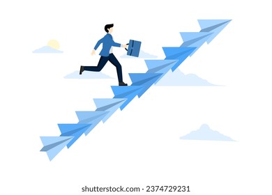 Concept of career growth, business growth or leadership to overcome challenges, motivation for success, development or ambition for success, confident businessman climbing the paper plane ladder.