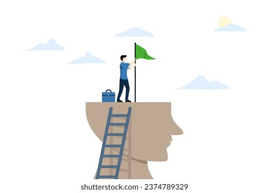 Concept of career growth and development for success, mentor or inspiration for success in work or business, success mindset, businessman above placing red flag for business goals symbol.
