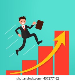 Concept of career growth or path to success. Businessman runs up the schedule. Vector illustration of a flat design