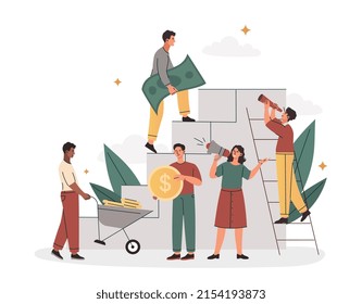 Concept of career growth. Young male entrepreneur with money climbs ladder and achieves success. Ambitious employee promotes company. Effective teamwork. Cartoon modern flat vector illustration