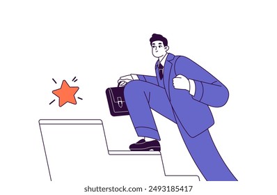 Concept of career ladder, opportunities. Business man in suit climbs up to the results, goals. Leader achieves success, challenges the top, gets win. Flat isolated outline vector illustration on white