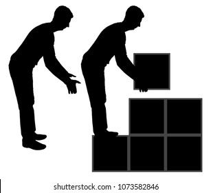 The concept of the career ladder. Silhouette vector of a worker who builds stairs up from square blocks