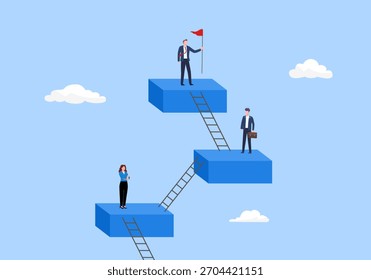 Concepto de nivel de carrera, puesto de trabajo o jerarquía de la empresa, desafío para mejorar o desarrollo profesional, pasos para lograr objetivos, escalera de éxito, personas que suben la escalera de los empleados al siguiente nivel
