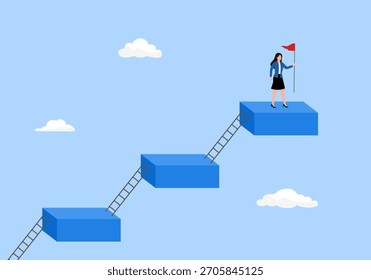 Concepto de nivel de carrera, puesto de trabajo o jerarquía de la empresa, desafío para mejorar o desarrollo profesional, pasos para lograr objetivos, escalera de éxito, personas que suben la escalera de los empleados al siguiente nivel