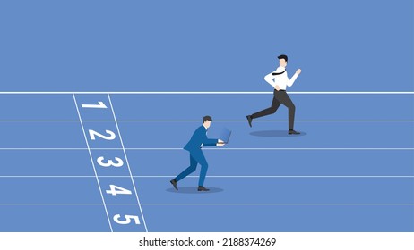 Concept of career position, competition, contest, performance, hard-working, diligent, enthusiastic, intense businessman works by laptop, runs on a race track, attention from leader rivalry.