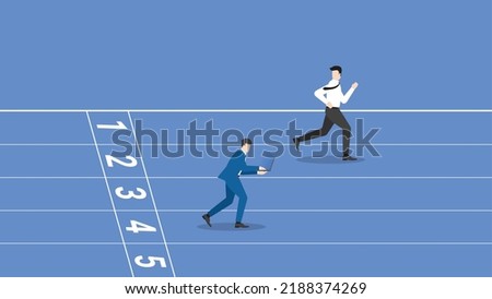 Concept of career position, competition, contest, performance, hard-working, diligent, enthusiastic, intense businessman works by laptop, runs on a race track, attention from leader rivalry.