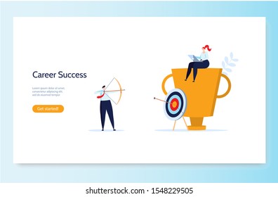 Concept of career, professional growth, supporting employees, coaching, career planning, career development, and team work. Businessmen and employees going to the goal. Vector illustration