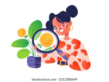 Concept of career, salary, earning profits, growth, increasing, profitable investment of money. Freelancing or working from home. Metaphor, Cute , Young Woman flat cartoon character grows money tree.