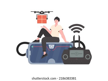 The concept of cargo delivery by air. A man controls a quadcopter with a package. Isolated. Vector illustration.