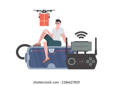 The concept of cargo delivery by air. A man controls a quadcopter with a package. Isolated on white background. trendy style. Vector.