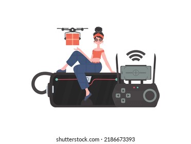 El concepto de entrega de carga por vía aérea. Una mujer controla un cuadrilátero con un paquete. Aislado. Ilustración vectorial.