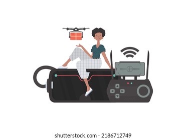 The concept of cargo delivery by air. A woman controls a quadcopter with a parcel. Isolated on white background. Vector.