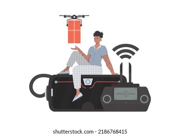 The concept of cargo delivery by air. A man controls a quadcopter with a package. Isolated on white background. trendy style. Vector illustration.