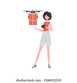 El concepto de entrega de carga por vía aérea. Una mujer controla un dron con un paquete. Aislado sobre fondo blanco. Ilustración vectorial.