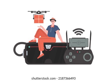 El concepto de entrega de carga por vía aérea. Un hombre controla un cuadrilátero con un paquete. Aislado. Diseño moderno y plano. Vector.