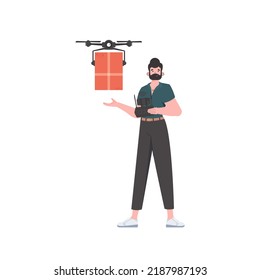 The concept of cargo delivery by air. A man controls a drone with a package. Isolated on white background. Flat modern design. Vector.