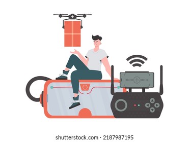 Das Konzept der Luftfrachtlieferung. Ein Mann steuert einen Quadcopter mit einem Paket. Einzeln. trendiger Stil. Vektorgrafik.