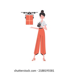 El concepto de entrega de carga por vía aérea. Una mujer controla un dron con un paquete. Aislado sobre fondo blanco. Diseño moderno y plano. Vector.