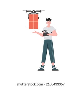 The concept of cargo delivery by air. A man controls a drone with a package. Isolated. trendy style. Vector illustration.