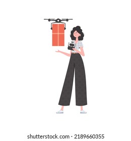The concept of cargo delivery by air. A woman controls a drone with a parcel. Isolated on white background. trendy style. Vector.