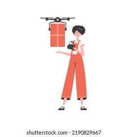 The concept of cargo delivery by air. A woman controls a drone with a parcel. Isolated. Flat modern design. Vector.