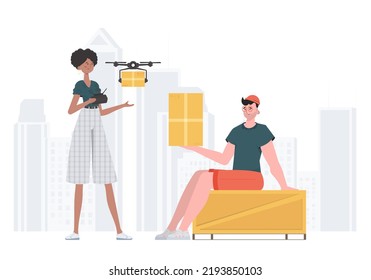 The concept of cargo delivery. The quadcopter is transporting the parcel. Man and woman with cardboard boxes. trendy style. Vector illustration.