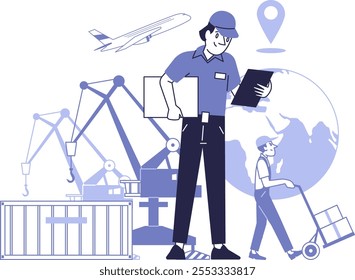 The concept of cargo transportation, logistics. The manager checks the list against the background of warehouse equipment.