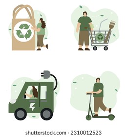 The concept of caring for the environment. electric car, sustainable products, ecological illustration, green lifestyle. flat vector.