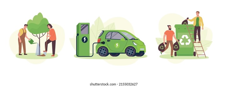 The concept of caring for the environment. People plant a tree, sort garbage, recycle organic waste, an electric car charges the battery from the station. Eco illustration,green lifestyle. Vector flat