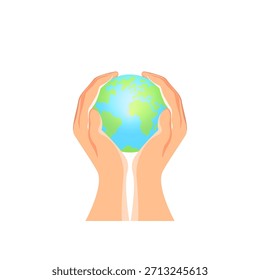 A concept of caring for planet Earth. Planet Earth in a woman's hands. Isolated hands of a fair-skinned young woman holding a globe in a naive style. Clipart. Vector illustration.